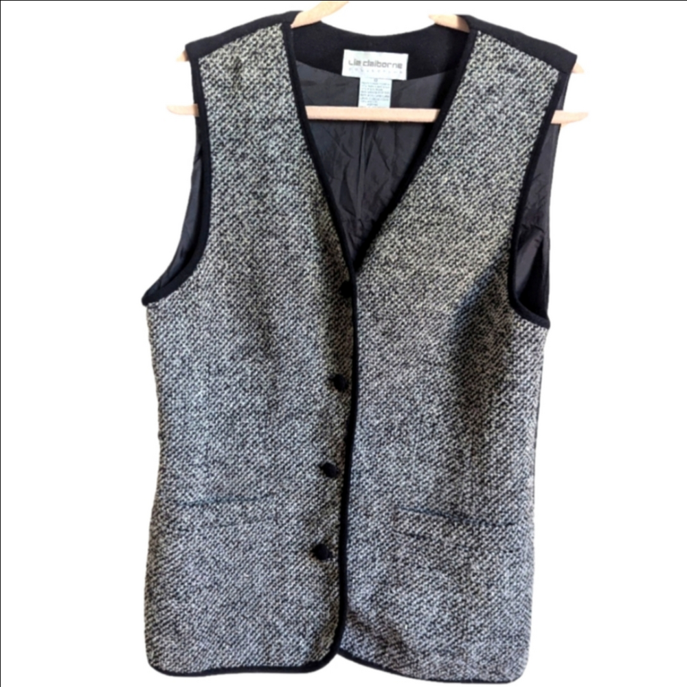 VINTAGE Liz Claiborne Black & Grey Academia Preppy Minimalist Wool Vest Size 12